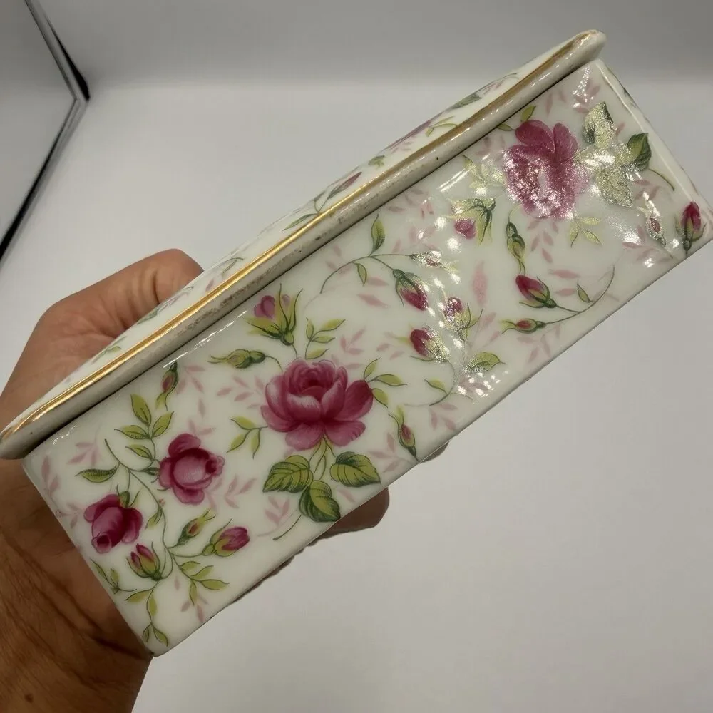 Lefton Rose Chintz Trinket Jewelry Box 2 Nesting Vintage Dishes Japan